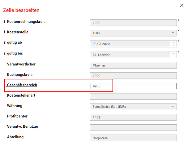 Nur der Geschäftsbereich kann editiert werden