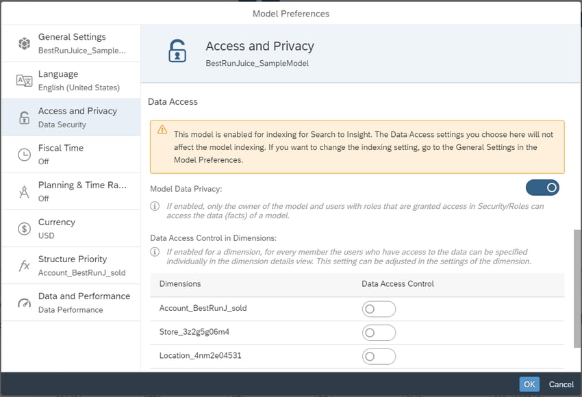 Model data privacy option