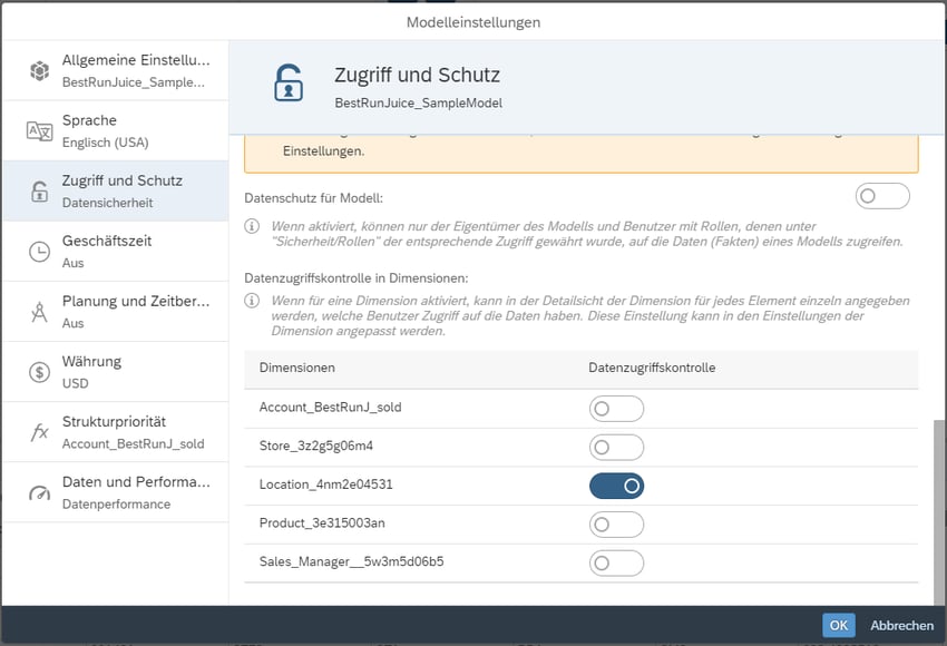 Datenzugriffskontrolle in Dimensionen einschalten
