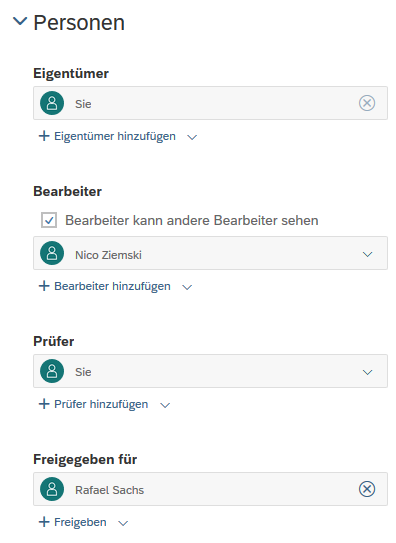 Eigentümer, Bearbeiter und Prüfer definieren