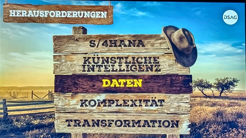results of a DSAG survey along five challenges, S/4HANA, artificial intelligence, data, complexity and transformation