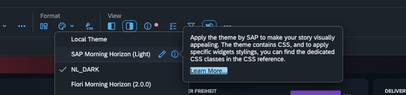 Story theme selection in SAP Analytics Cloud with SAP Morning Horizon (Light), community themes and the custom NL_DARK theme