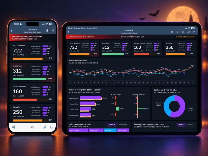 Dark mode dashboard in SAP Analytics Cloud on tablet and smartphone, showing daily cookie sales for a Cologne bakery