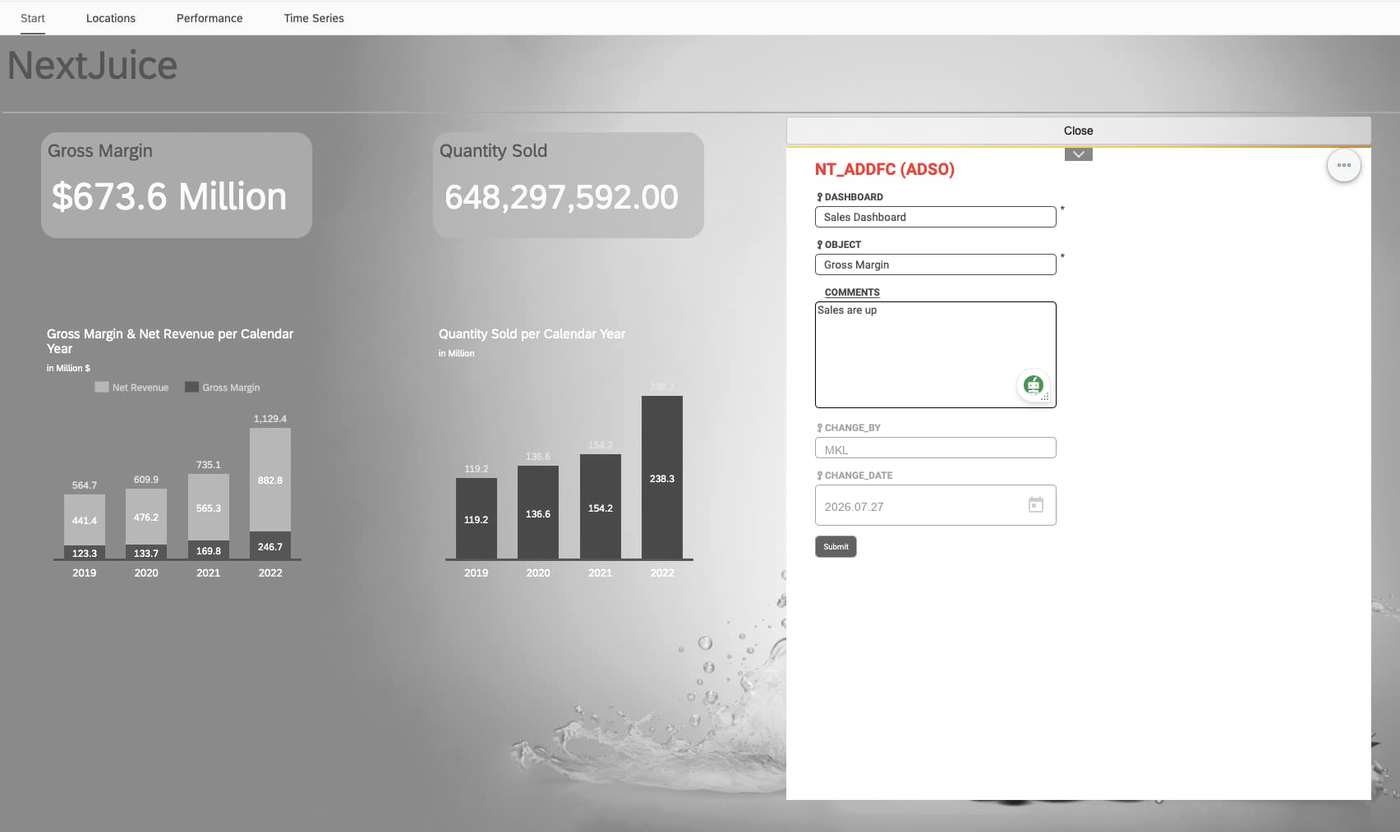 Ein in ein Dashboard eingebettetes NextTables-Eingabeformular